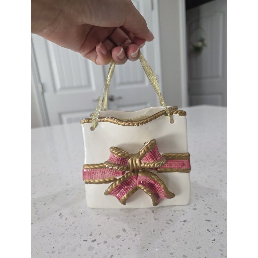Vintage Ceramic Gift Bag Vase w/ Bright Pink Textured Bow & Gold Trim  80s / 90s